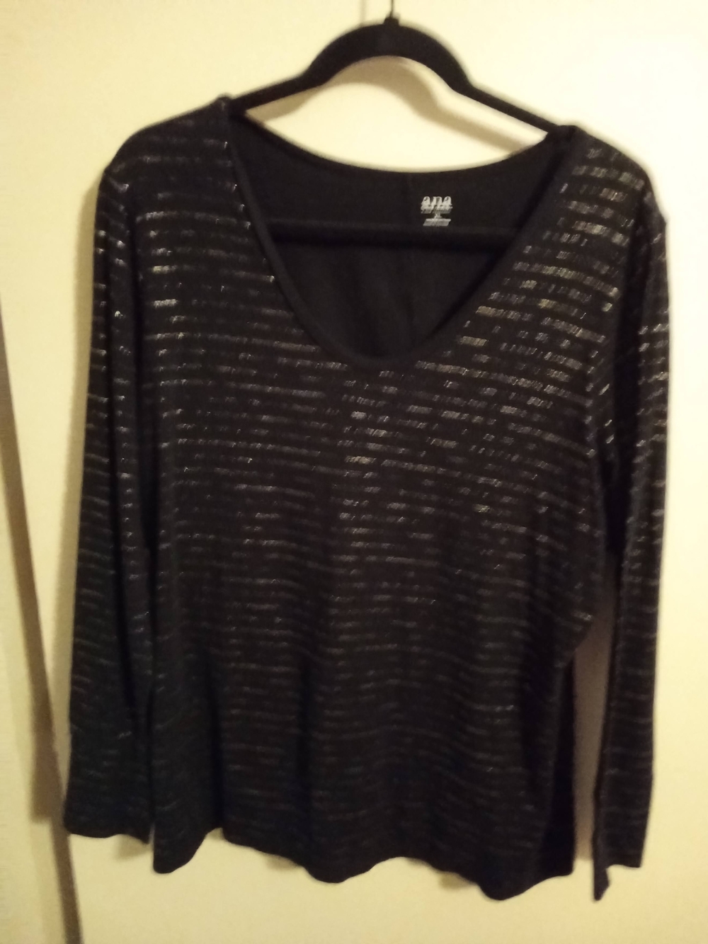 a.n.a Black Long-Sleeve Scoop Neck Top with Metallic Stripes